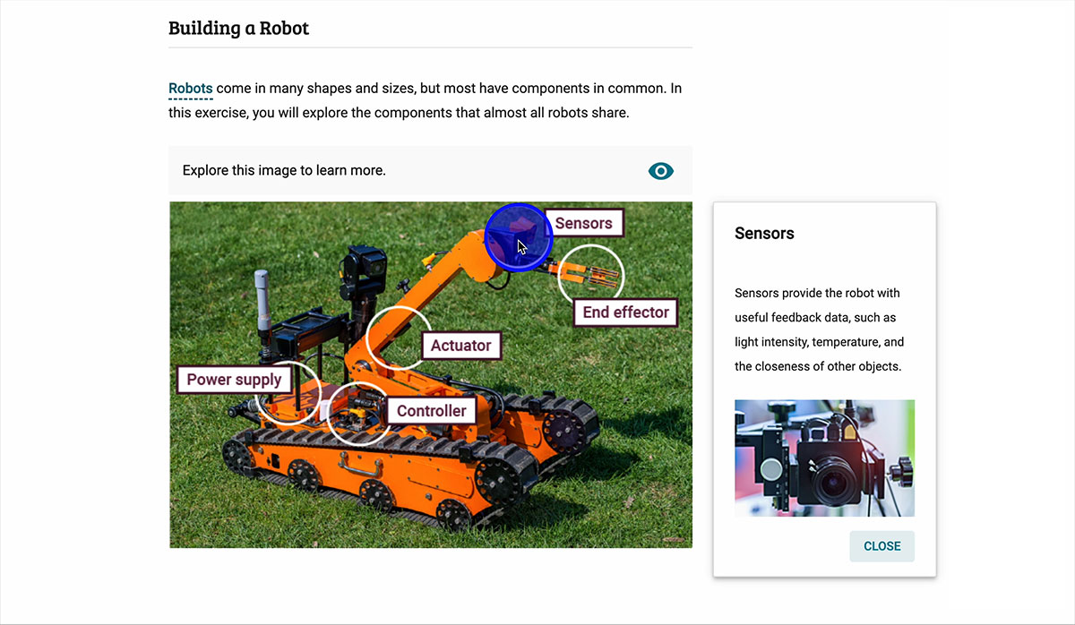 Robot diagram showing various parts including an example of a sensor